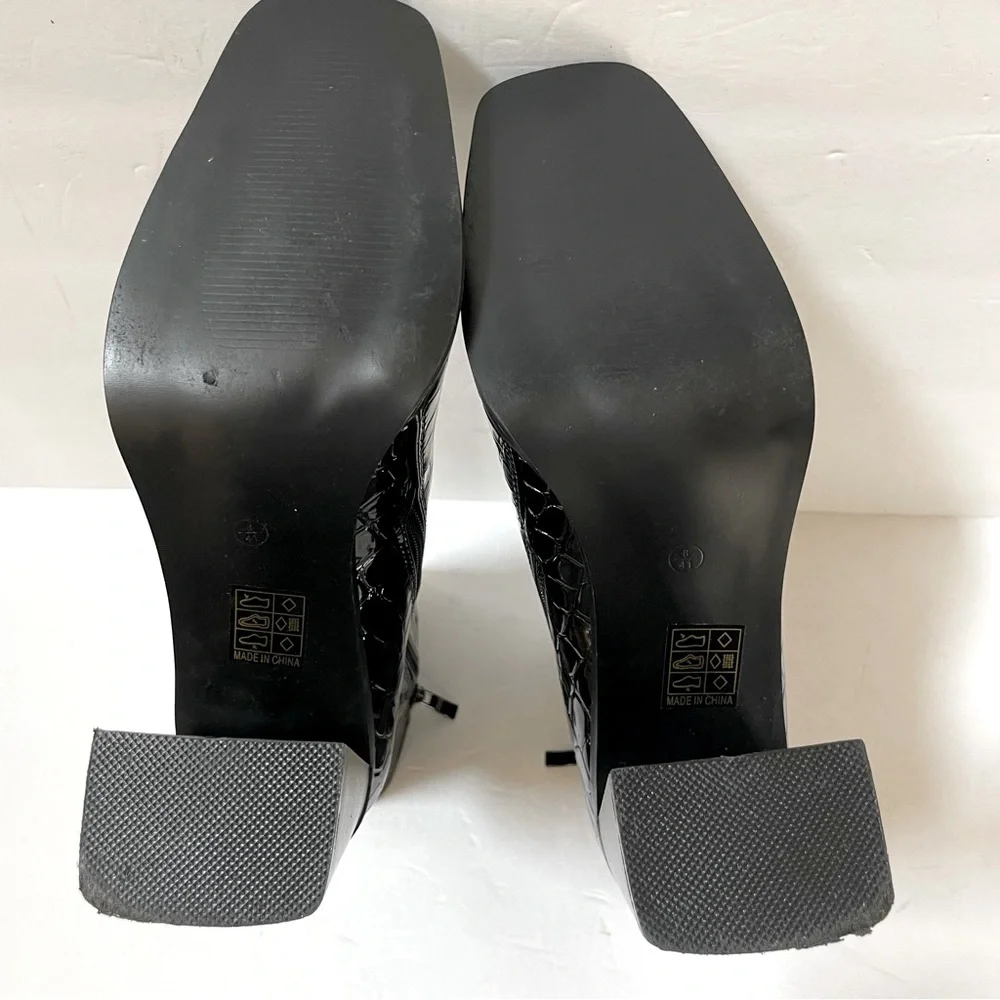 Nasty Gal Faux Leather Black Patent Croc Flared Heeled Ankle Boots Size 8